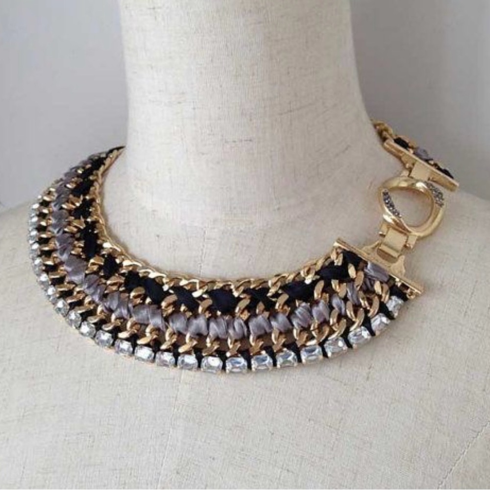 Stella & Dot Tempest Statement Necklace Gold/Black/Gems Multi-Layered Design